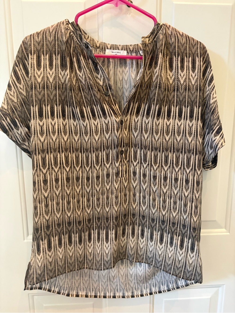 NWT - Billy Reid Ikat Print V-Neck Blouse Top Brown Cream Short Sleeve Boho